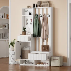 6-in-1 kapstok – 100 x 30 x 180 cm – met 8 haken + schoenenbank + lades – spaanplaat – wit 6-in-1 kapstok – 100 x 30 x 180 cm – met 8 haken + schoenenbank + lades – spaanplaat – wit