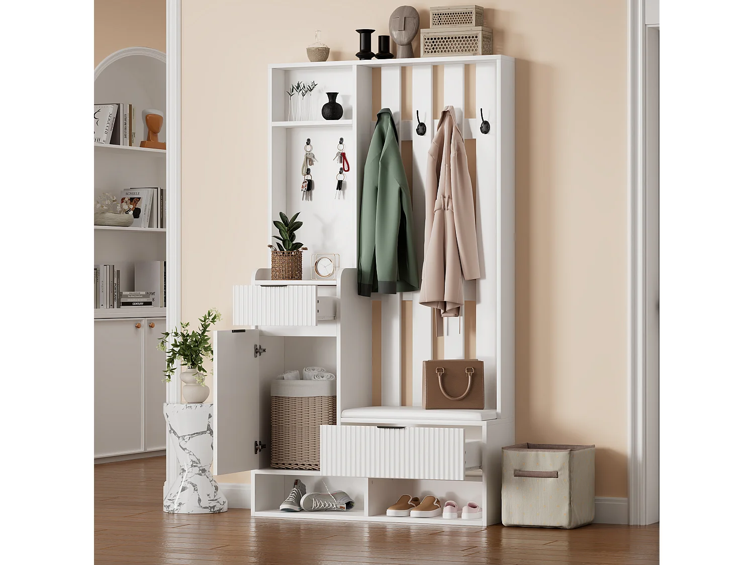 6-in-1 kapstok - 100 x 30 x 180 cm - met 8 haken + schoenenbank + lades - spaanplaat - wit