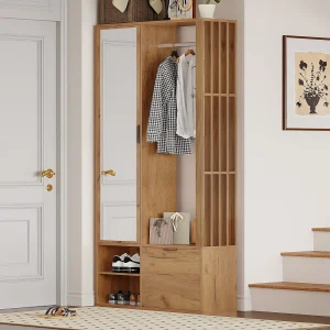6-in-1 kledingkast – 100 x 33 x 190 cm – met spiegel + kledingrek + 2 deuren – spaanplaat – naturel 6-in-1 kledingkast – 100 x 33 x 190 cm – met spiegel + kledingrek + 2 deuren – spaanplaat – naturel