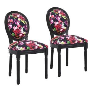 2 eetkamerstoelen: zwart frame, fel bloemenpatroon op zwarte achtergrond – 56x50x94,5 cm – Hedendaags Chinees design 2 eetkamerstoelen: zwart frame, fel bloemenpatroon op zwarte achtergrond – 56x50x94,5 cm – Hedendaags Chinees design