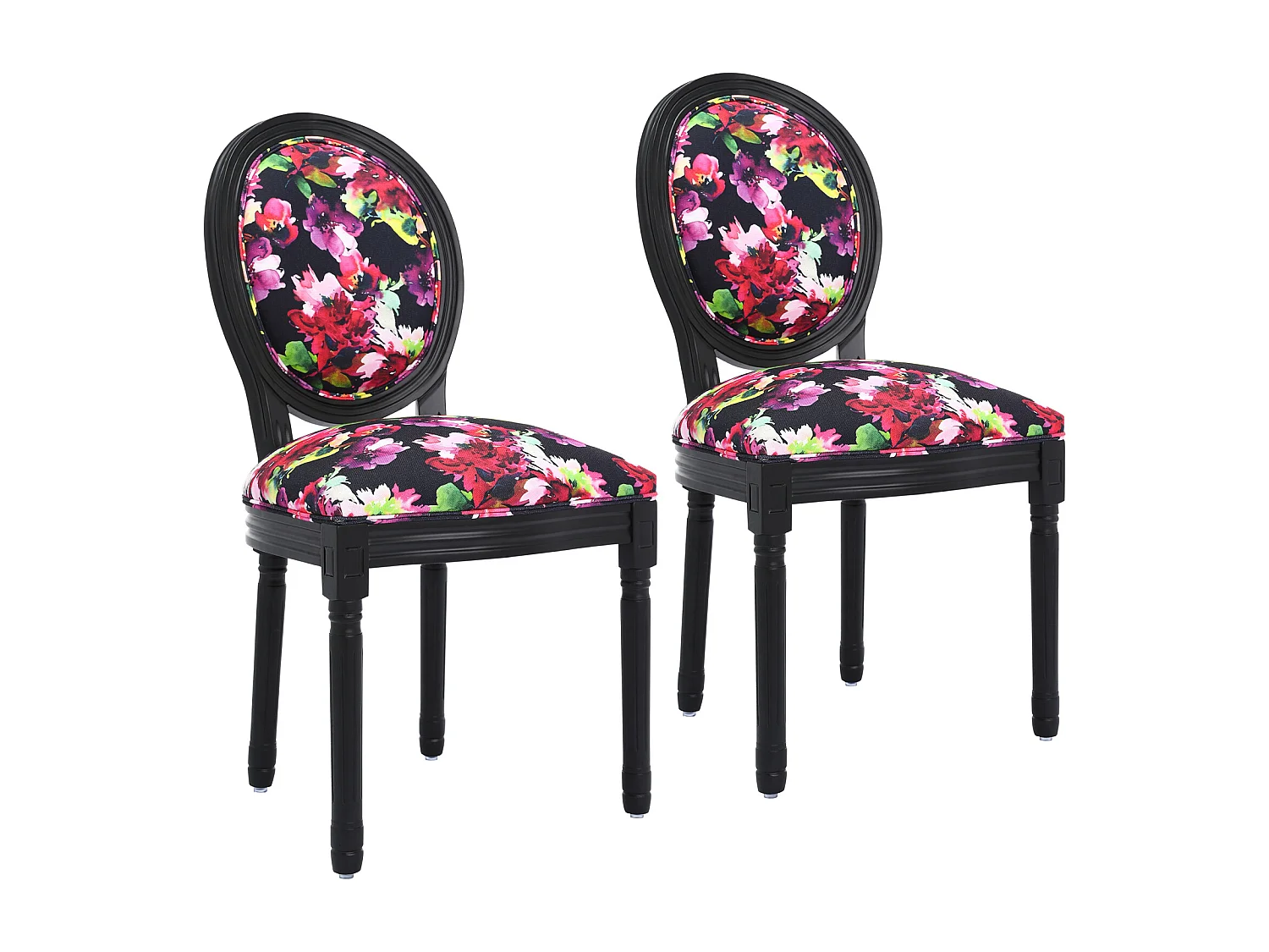 2 eetkamerstoelen: zwart frame, fel bloemenpatroon op zwarte achtergrond - 56x50x94,5 cm - Hedendaags Chinees design