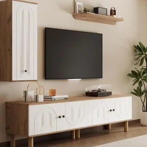 3-delige wand-TV-set – TV-meubel, vitrinekast en plank – 5 deuren – Massief houten poten – Wit + naturel