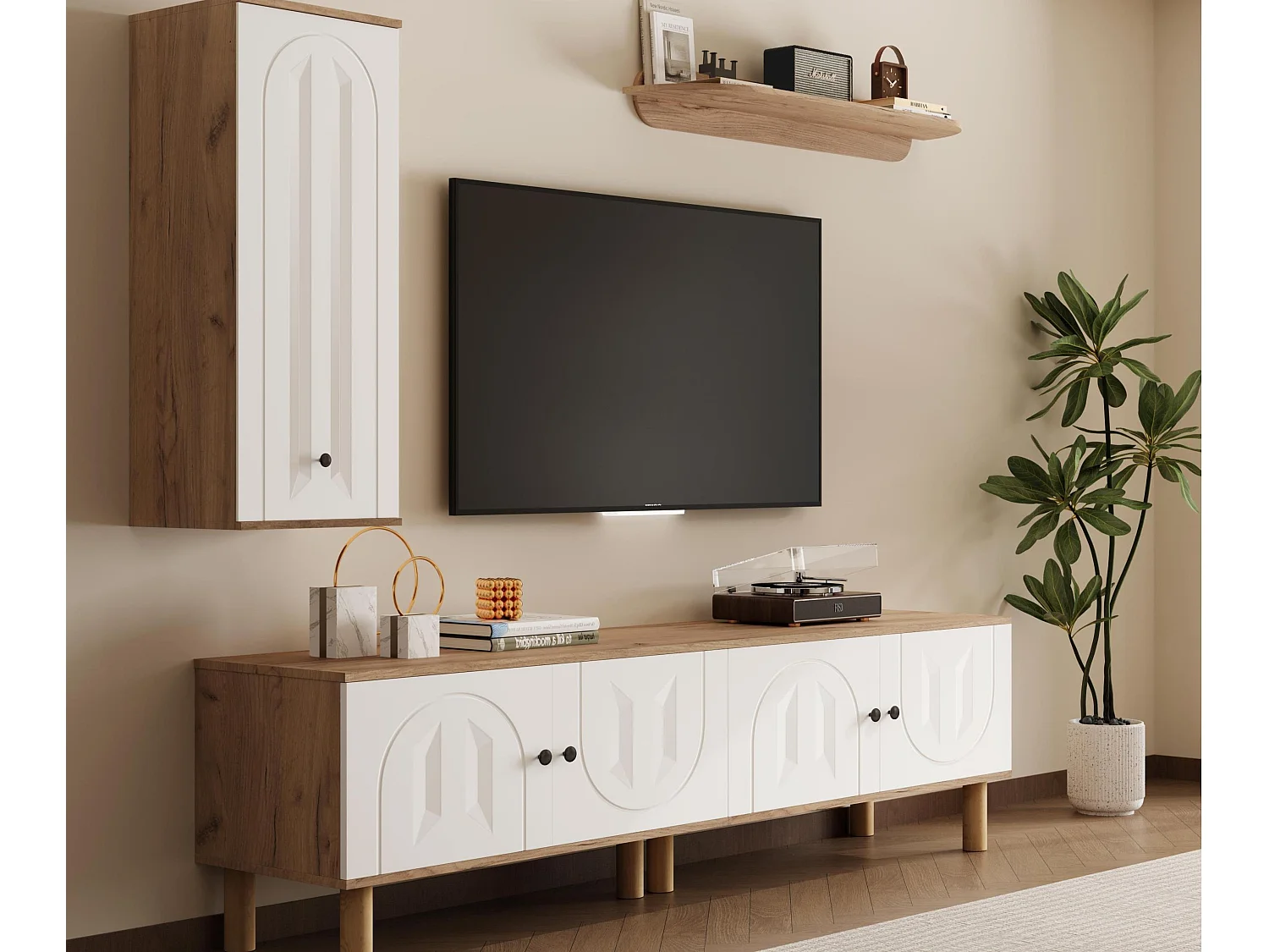 3-delige wand-TV-set – TV-meubel, vitrinekast en plank – 5 deuren – Massief houten poten – Wit + naturel