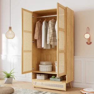 2-deurs kledingkast met kledingroede, elegant design met PE-rotan en scharnierend deksel, spaanplaat + PE-rotan, (90x45x183cm)