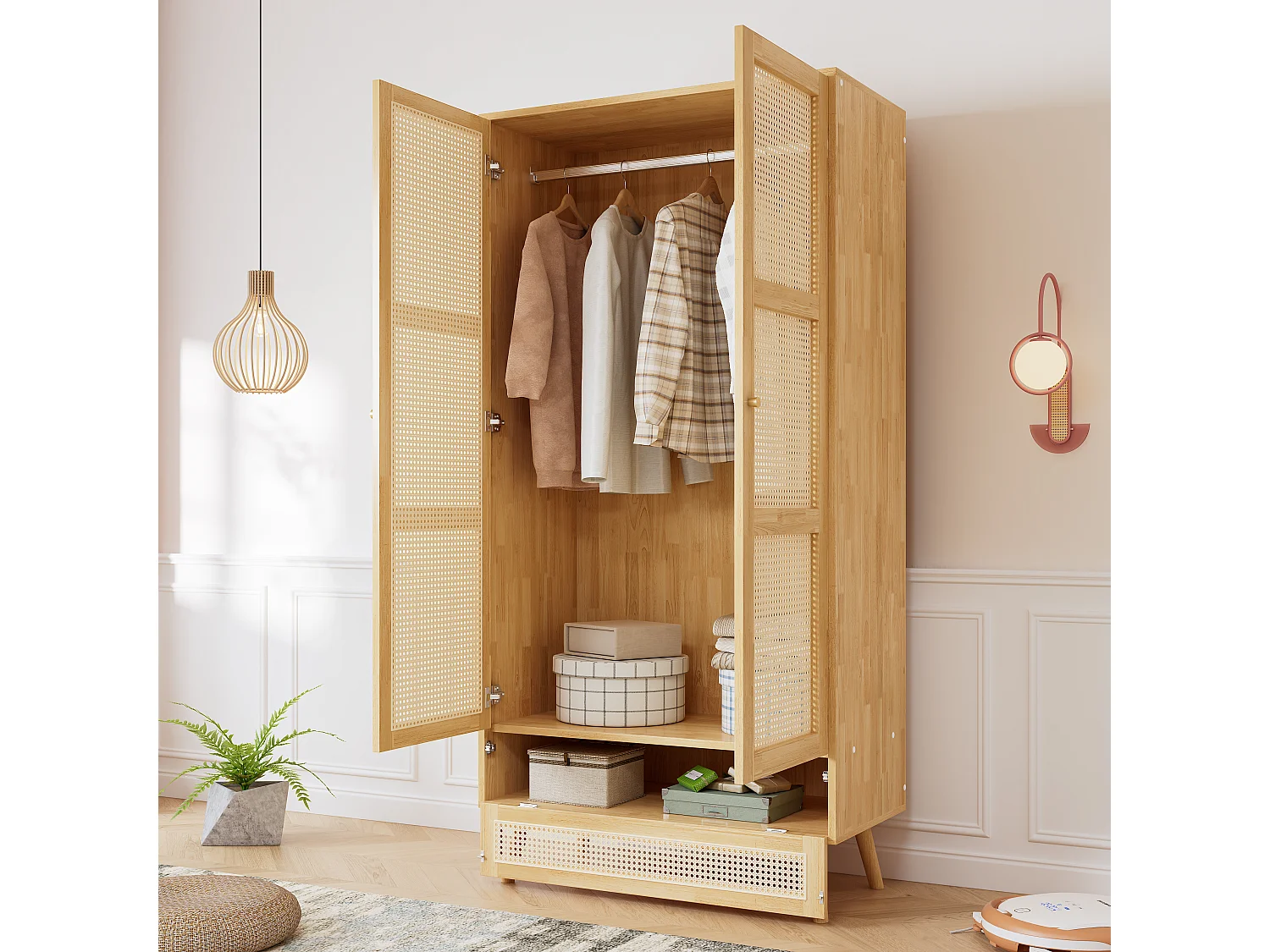 2-deurs kledingkast met kledingroede, elegant design met PE-rotan en scharnierend deksel, spaanplaat + PE-rotan, (90x45x183cm)