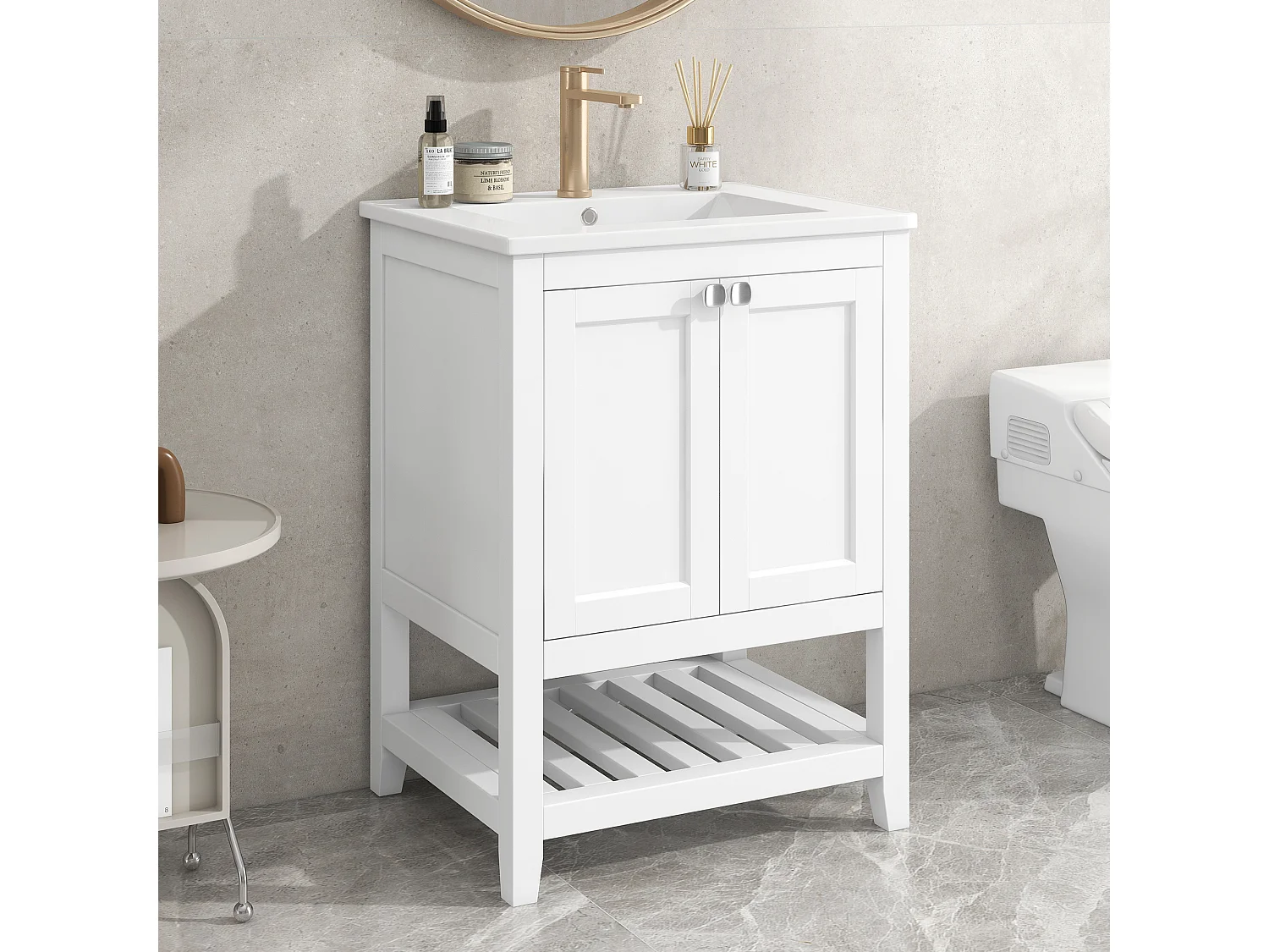 Badkamermeubel met keramische wastafel, massief hout en MDF, wit, modern design (61x46x90 cm)