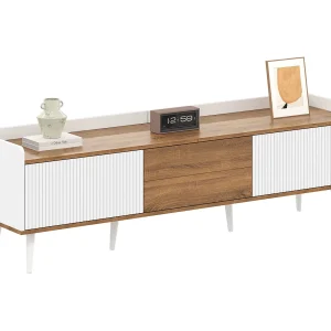3-deurs tv-meubel, compact design, MDF en spaanplaat, afwerking wit en natuurlijk hout (160x39x49,5 cm) 3-deurs tv-meubel, compact design, MDF en spaanplaat, afwerking wit en natuurlijk hout (160x39x49,5 cm)
