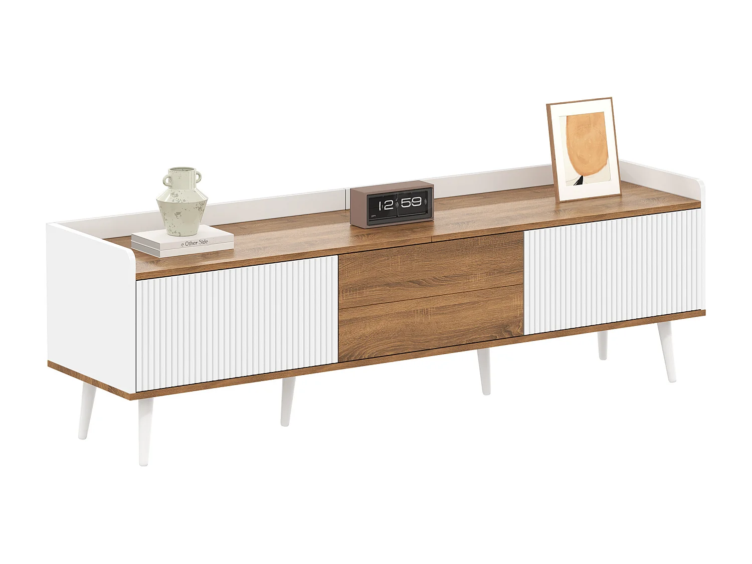 3-deurs tv-meubel, compact design, MDF en spaanplaat, afwerking wit en natuurlijk hout (160x39x49,5 cm)