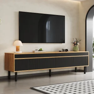 3-deurs gestreepte tv-kast, elegant design, spaanplaat, zwart en natuurlijk hout (170x38x47cm) 3-deurs gestreepte tv-kast, elegant design, spaanplaat, zwart en natuurlijk hout (170x38x47cm)