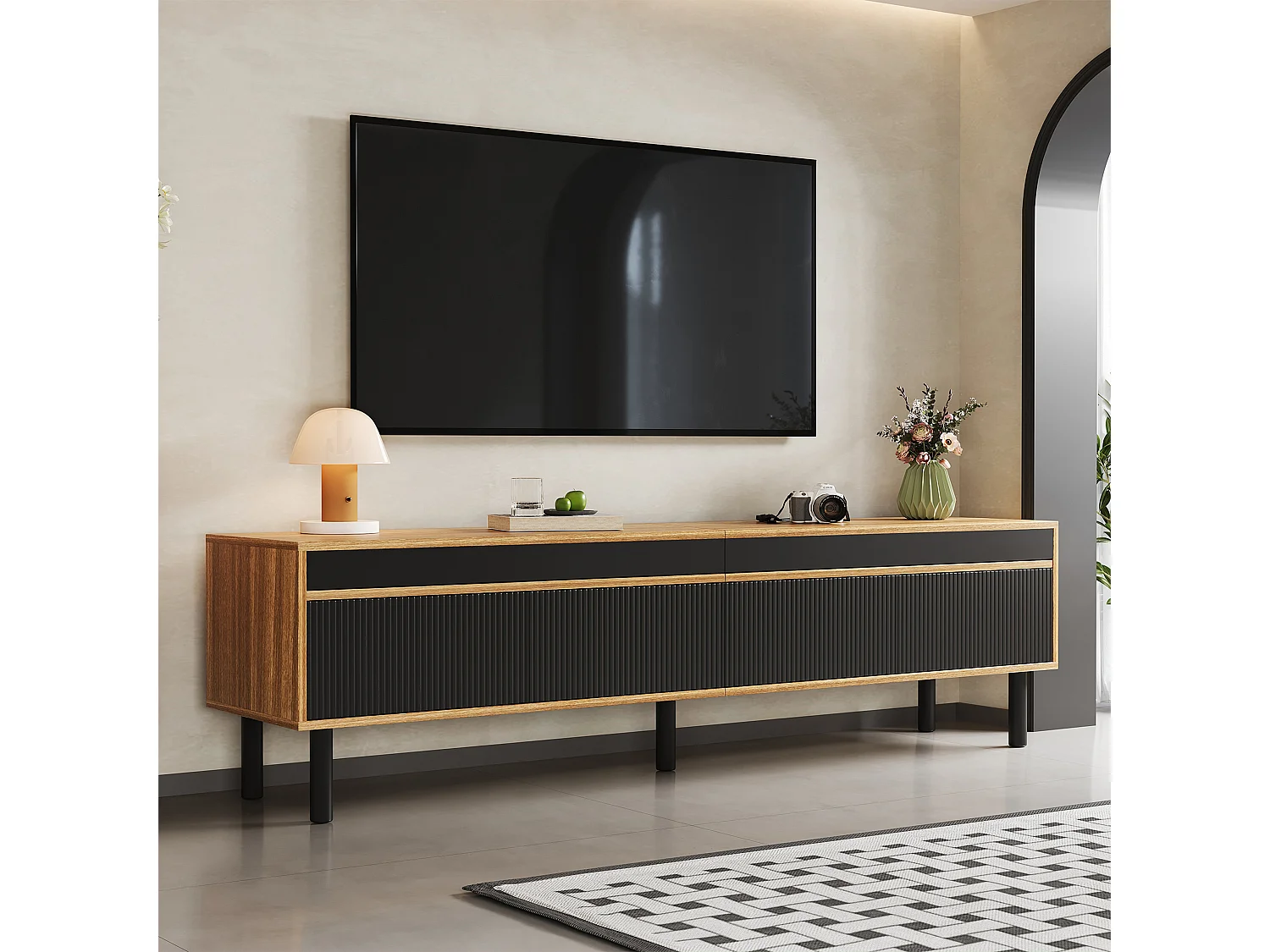 3-deurs gestreepte tv-kast, elegant design, spaanplaat, zwart en natuurlijk hout (170x38x47cm)