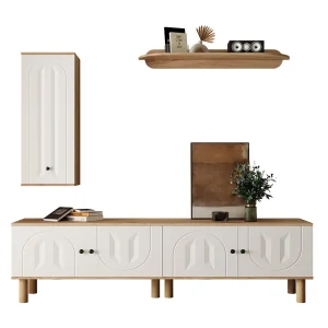 3-in-1 tv-meubel, elegant design met gebeeldhouwde deuren, spaanplaat, wit en natuurlijk hout (170x40x100 cm) 3-in-1 tv-meubel, elegant design met gebeeldhouwde deuren, spaanplaat, wit en natuurlijk hout (170x40x100 cm)