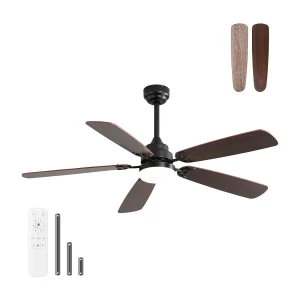 52 inch klassieke plafondventilator met dimbare LED-verlichting, 5 bladen, 6 snelheden en afstandsbediening, DC-motor, MDF, zwart (132x132x49 cm)
