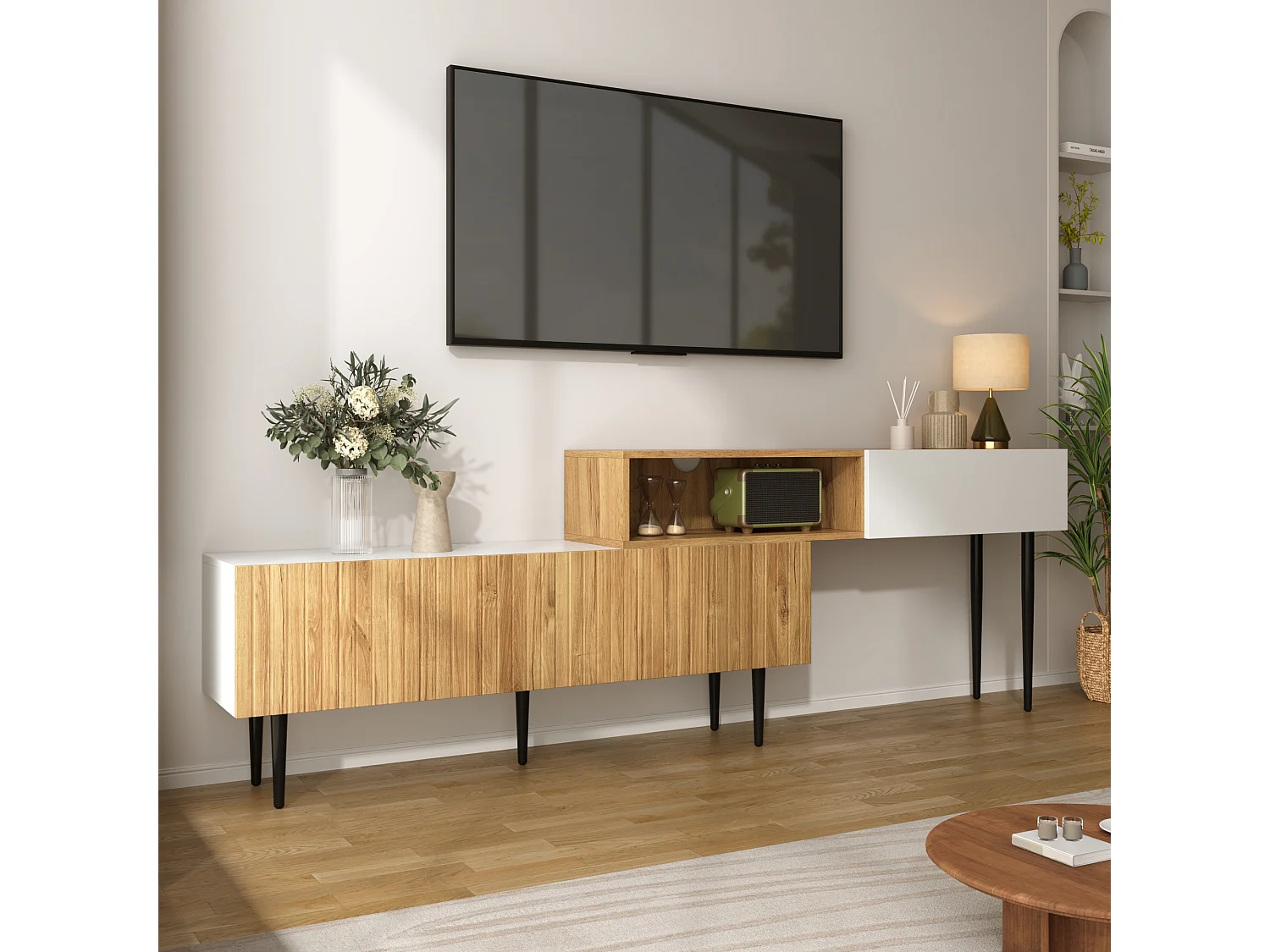2-in-1 modulaire tv-standaard, verstelbare lengte, MDF en spaanplaat, mat wit en houtlook, zwarte metalen poten (240x30x63,5 cm)