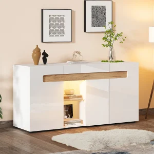 3-deurs dressoir met LED-verlichting – App-gestuurd dressoir – wit – glazen planken 3-deurs dressoir met LED-verlichting – App-gestuurd dressoir – wit – glazen planken