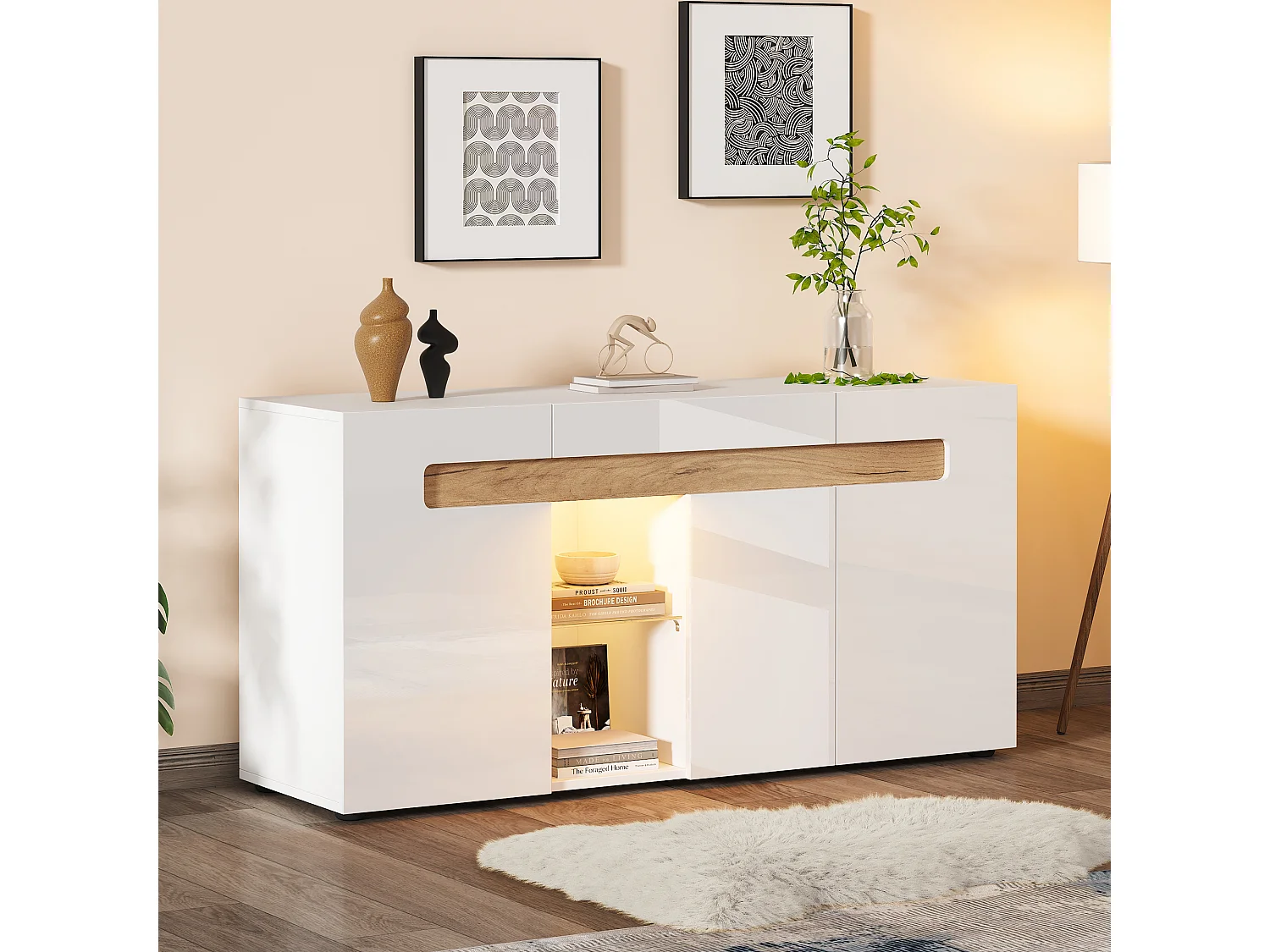 3-deurs dressoir met LED-verlichting - App-gestuurd dressoir - wit - glazen planken