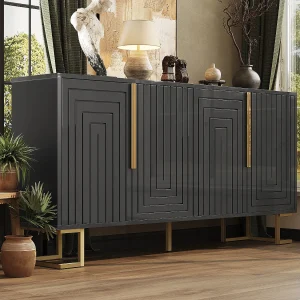 4-deurs dressoir – Dressoir met gouden handgrepen en poten – zwart – voor eetkamer 4-deurs dressoir – Dressoir met gouden handgrepen en poten – zwart – voor eetkamer