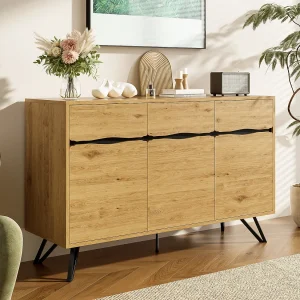 3-deurs dressoir – Dressoir met 5 metalen poten en 6 binnenvakken – voor eetkamer 3-deurs dressoir – Dressoir met 5 metalen poten en 6 binnenvakken – voor eetkamer