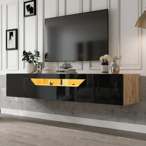 3-deurs wandmeubel met ledverlichting – Zwarte tv-kast – vouwdeuren – voor 75" tv 3-deurs wandmeubel met ledverlichting – Zwarte tv-kast – vouwdeuren – voor 75" tv