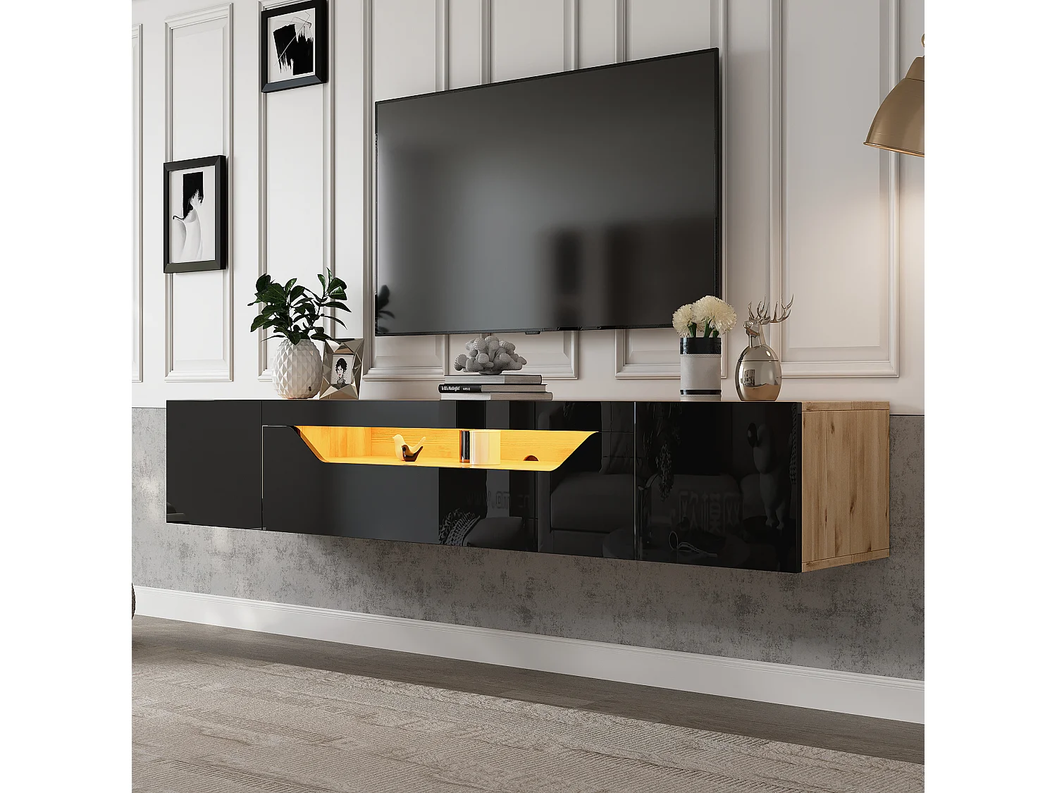 3-deurs wandmeubel met ledverlichting - Zwarte tv-kast - vouwdeuren - voor 75" tv