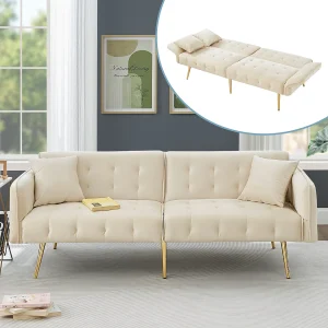 2-zitsbank – Rechte bank met 3-positie rugleuning en 6-positie armleuningen – beige fluweel – voor de woonkamer 2-zitsbank – Rechte bank met 3-positie rugleuning en 6-positie armleuningen – beige fluweel – voor de woonkamer