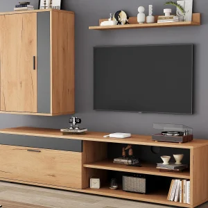 3-delige wand-TV-set – TV-meubel + wandkast + plank – 2 deuren – Spaanplaat – Natuur + Zwart