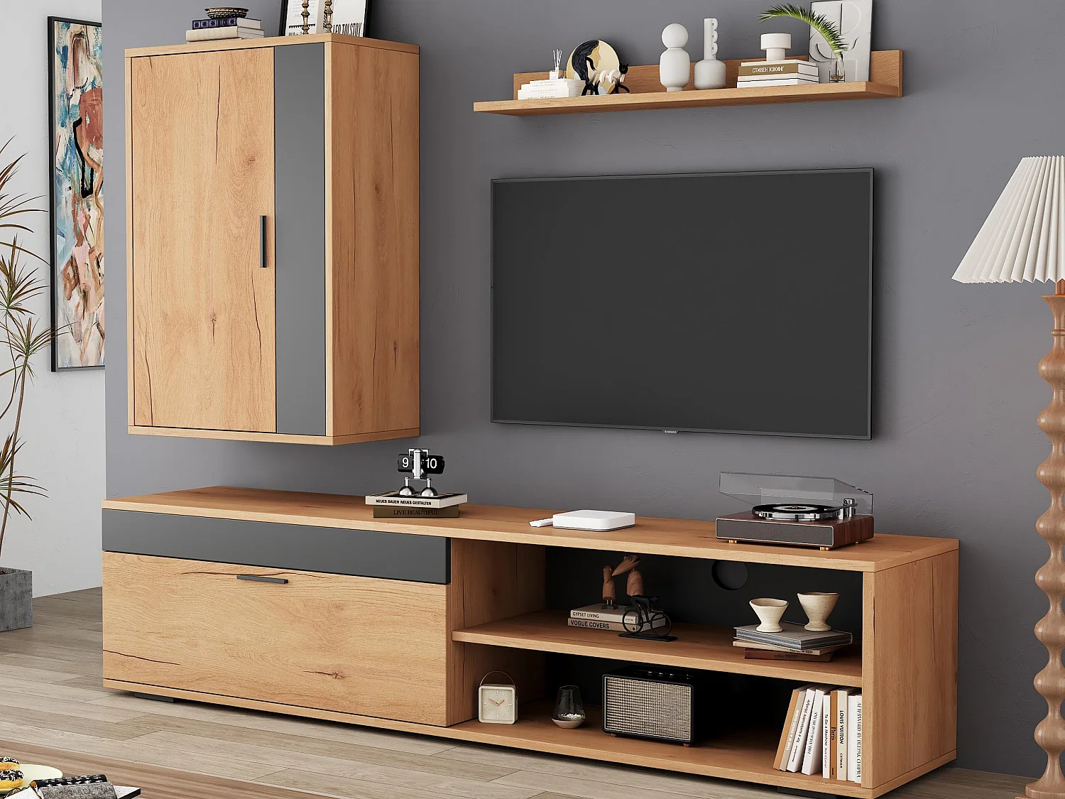 3-delige wand-TV-set - TV-meubel + wandkast + plank - 2 deuren - Spaanplaat - Natuur + Zwart