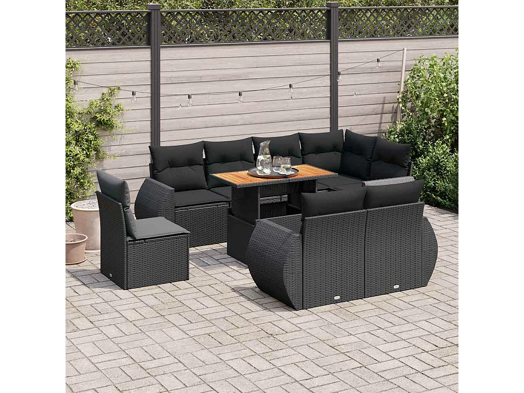 9-delige Loungeset met kussens poly rattan zwart