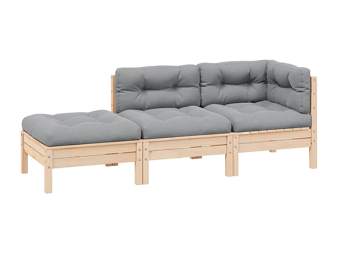 3-delige Loungeset met grijze kussens massief grenenhout