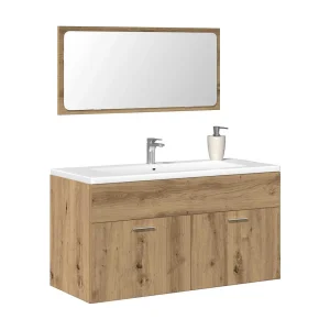 Badkamerkast met spiegel bewerkt hout artisanaal eikenkleurig Badkamerkast met spiegel bewerkt hout artisanaal eikenkleurig