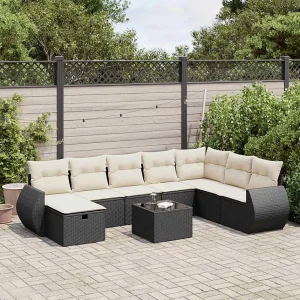 9-delige Loungeset met kussens poly rattan zwart 9-delige Loungeset met kussens poly rattan zwart