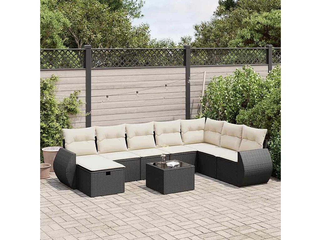 9-delige Loungeset met kussens poly rattan zwart