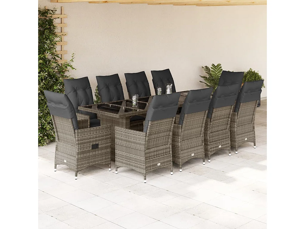 11-delige Bistroset met kussens poly rattan grijs