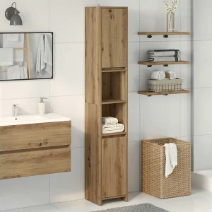 Badkamerkast 30x30x183,5 cm bewerkt hout artisanaal eikenkleur