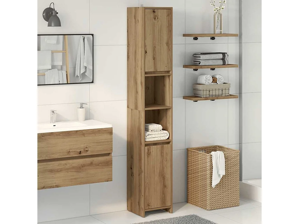 Badkamerkast 30x30x183,5 cm bewerkt hout artisanaal eikenkleur