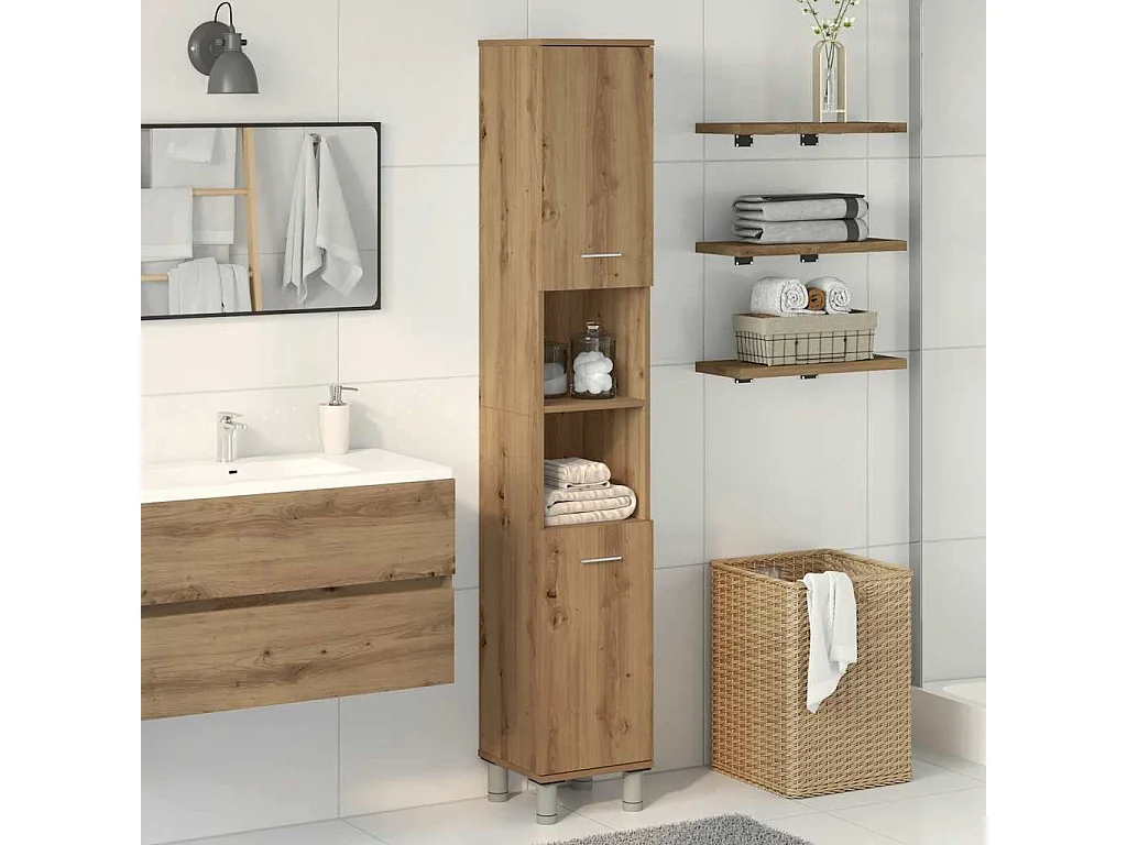 Badkamerkast 30x30x179 cm bewerkt hout artisanaal eikenkleurig