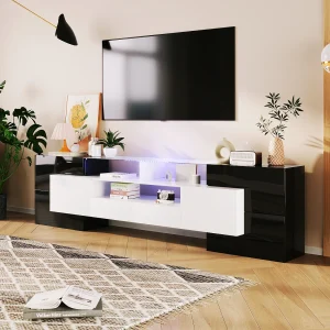 200 cm tv-standaard – Elegante lage tv-standaard – Glanzend met ledverlichting – Stijlvol glazen blad – Zwart 200 cm tv-standaard – Elegante lage tv-standaard – Glanzend met ledverlichting – Stijlvol glazen blad – Zwart