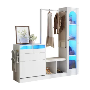 6-in-1 kledingkast – 163 x 35 x 161 cm – spiegel + bank en schoenenkast + vitrinekast + LED's – spaanplaat – wit 6-in-1 kledingkast – 163 x 35 x 161 cm – spiegel + bank en schoenenkast + vitrinekast + LED's – spaanplaat – wit