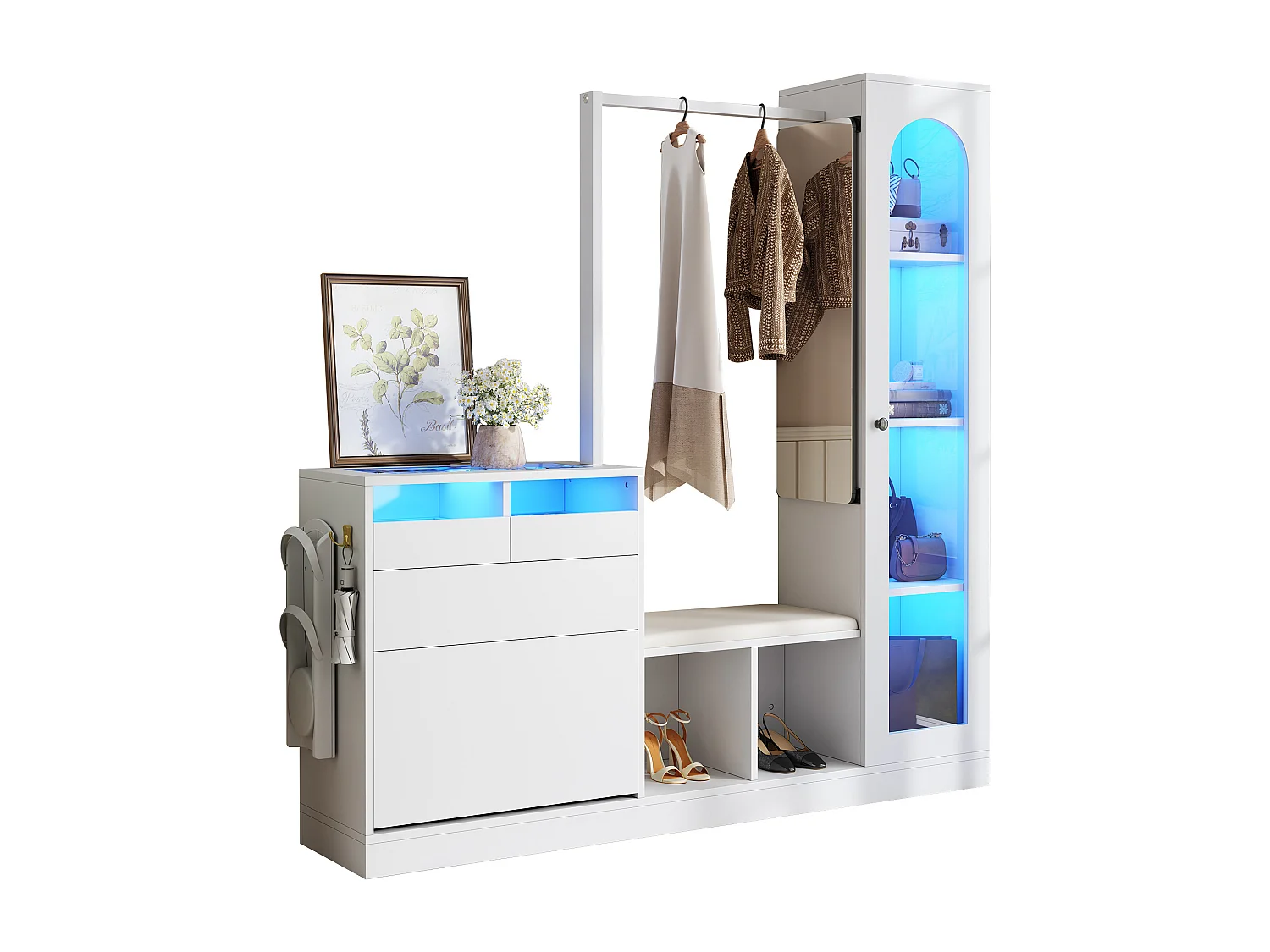 6-in-1 kledingkast - 163 x 35 x 161 cm - spiegel + bank en schoenenkast + vitrinekast + LED's - spaanplaat - wit