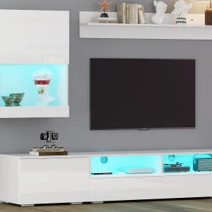 3-delige TV-meubelset – TV-meubel + wandkast + wandplank – met LED-verlichting en hogglans afwerking – wit 3-delige TV-meubelset – TV-meubel + wandkast + wandplank – met LED-verlichting en hogglans afwerking – wit