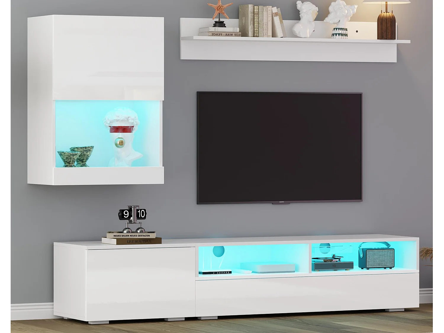3-delige TV-meubelset - TV-meubel + wandkast + wandplank - met LED-verlichting en hogglans afwerking - wit