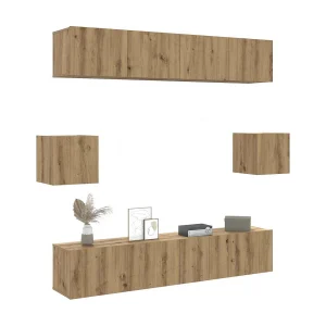 6-delig Tv-meubelset | Tv-Bank | TV-kast wandmontage bewerkt hout artisanaal eiken 6-delig Tv-meubelset | Tv-Bank | TV-kast wandmontage bewerkt hout artisanaal eiken