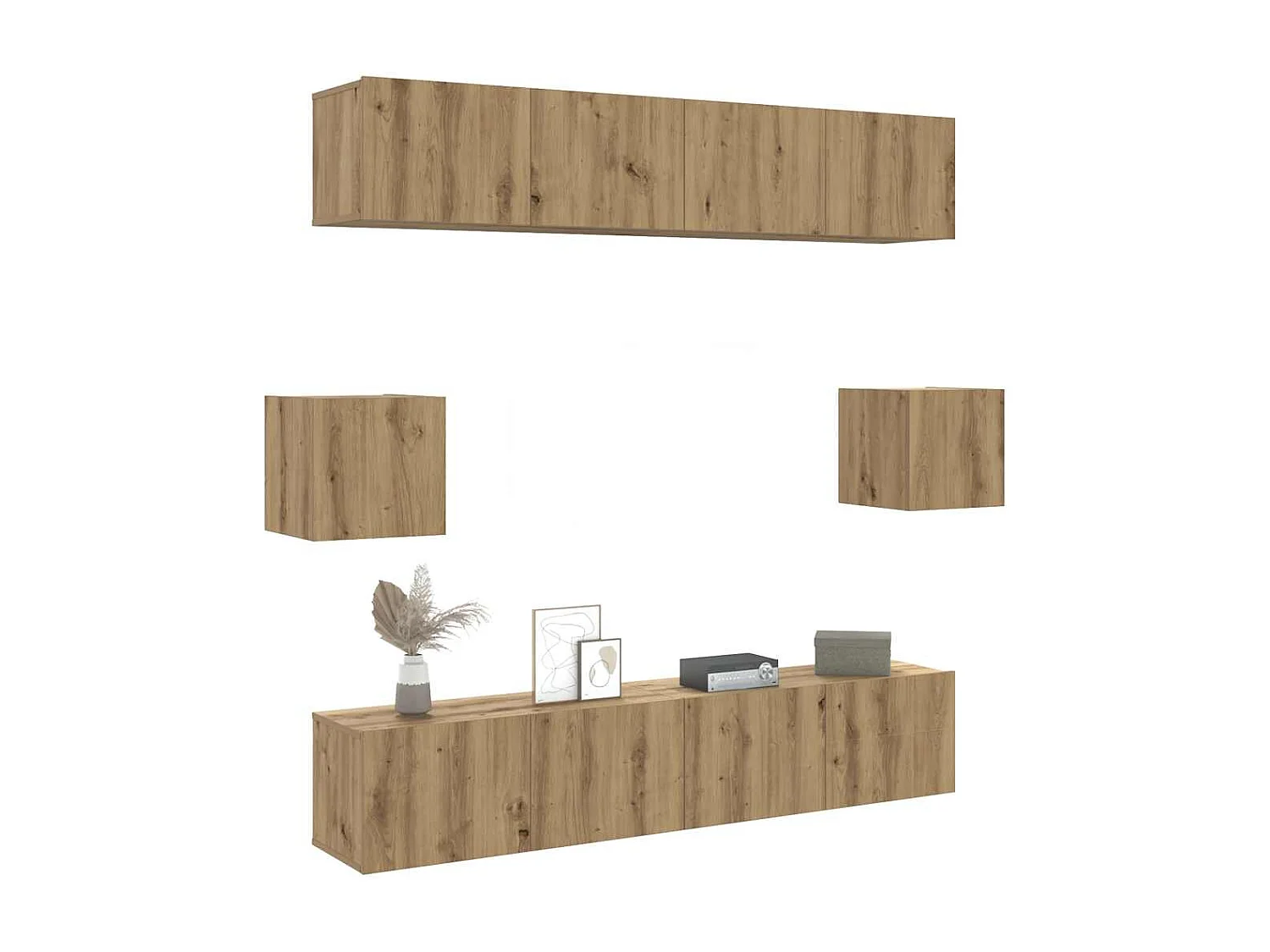6-delig Tv-meubelset | Tv-Bank | TV-kast wandmontage bewerkt hout artisanaal eiken