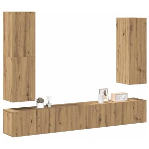 4-delig Tv-meubelset | Tv-Bank | TV-kast wandmontage bewerkt hout artisanaal eiken