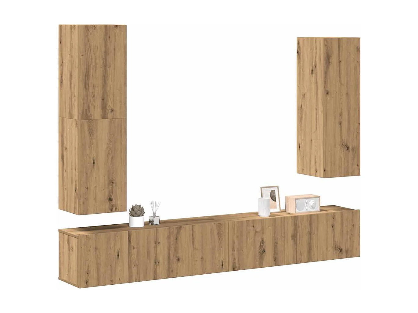 4-delig Tv-meubelset | Tv-Bank | TV-kast wandmontage bewerkt hout artisanaal eiken