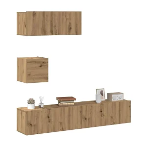 4-delig Tv-meubelset | Tv-Bank | TV-kast wandmontage bewerkt hout artisanaal eiken