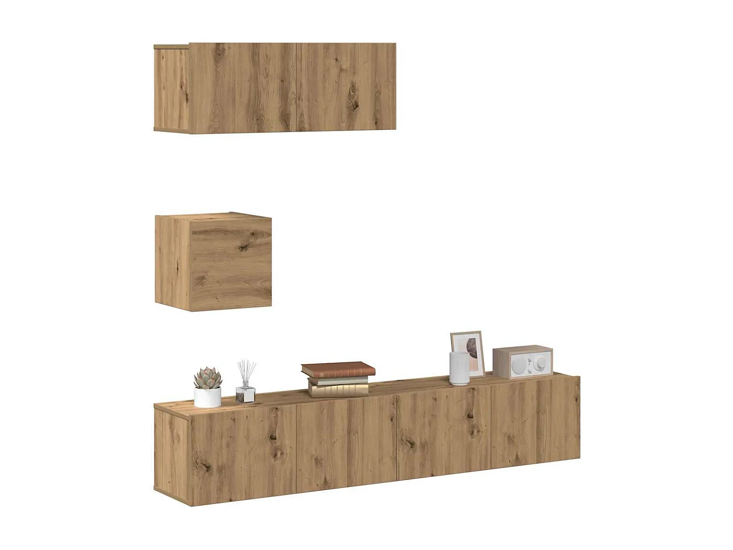 4-delig Tv-meubelset | Tv-Bank | TV-kast wandmontage bewerkt hout artisanaal eiken