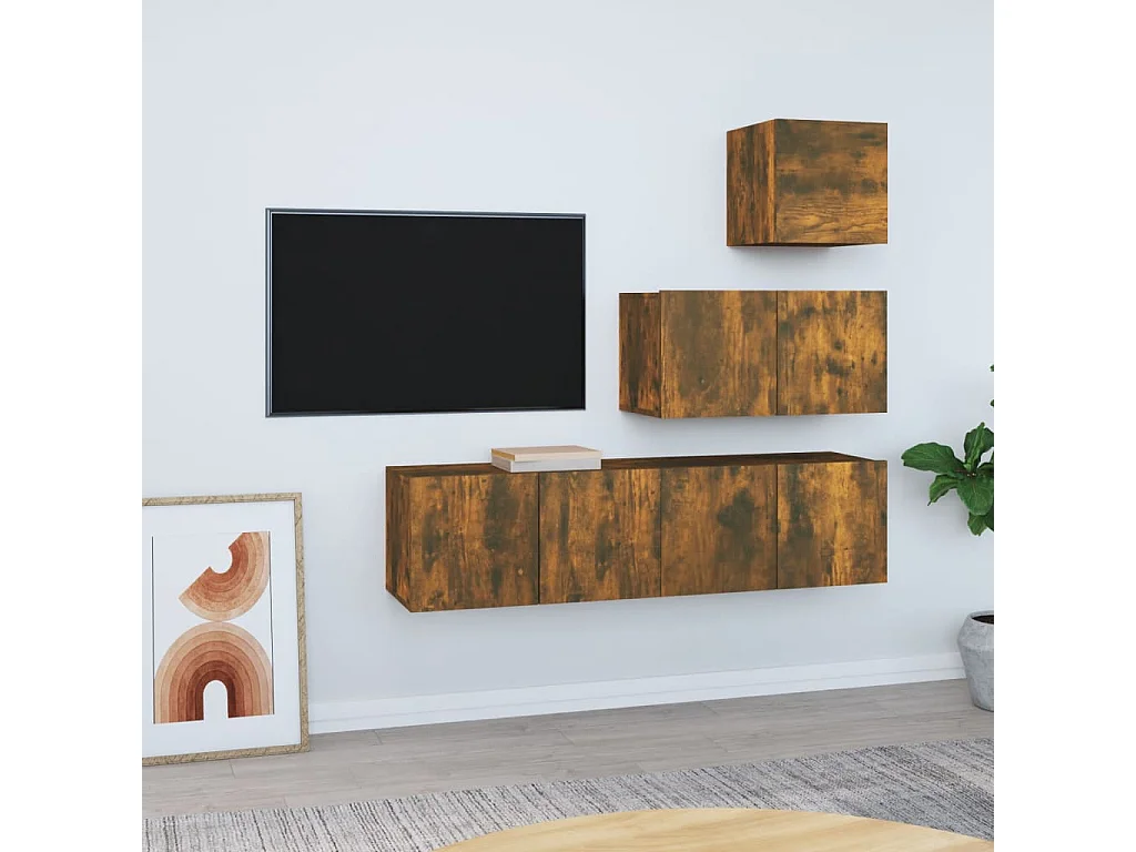 4-delige Tv-meubelset | Tv-Bank | TV-kast bewerkt hout gerookt eikenkleurig