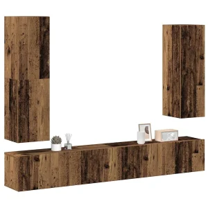 4-delig Tv-meubelset | Tv-Bank | TV-kast wandmontage bewerkt hout oud houtkleurig