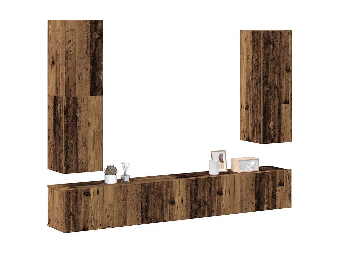 4-delig Tv-meubelset | Tv-Bank | TV-kast wandmontage bewerkt hout oud houtkleurig