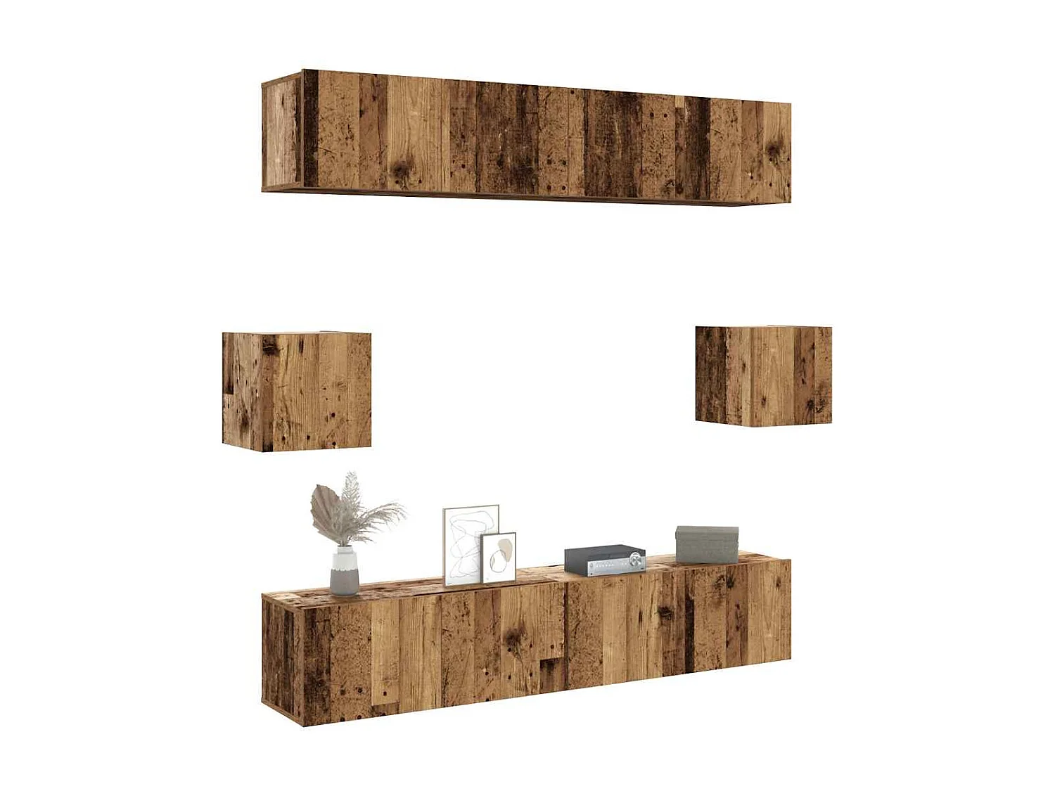 6-delig Tv-meubelset | Tv-Bank | TV-kast wandmontage bewerkt hout oud houtkleurig